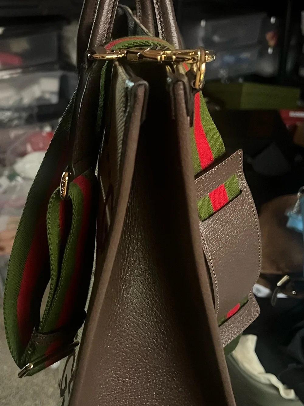 Gucci Monogram Canvas Tote with Green-Red Strap